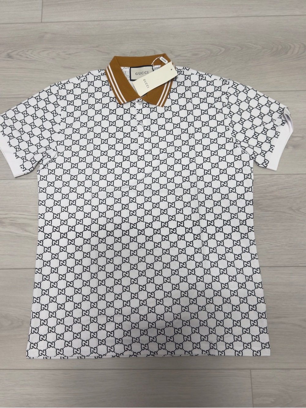 Gucci White Polo with Brown Stripe Collar and All-Over GG Motif